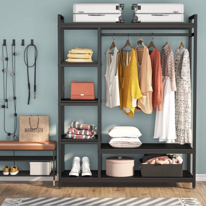 Cynthia Black Garment Rack with Storage Shelves and Hang Rod